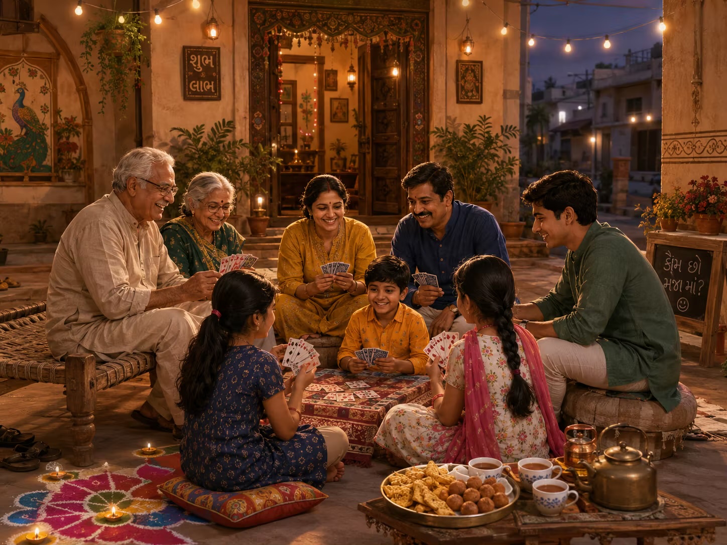 A multigenerational Gujarati family playing cards together in an evening courtyard.